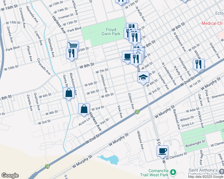 map of restaurants, bars, coffee shops, grocery stores, and more near 2201-2249 West 5th Street in Odessa