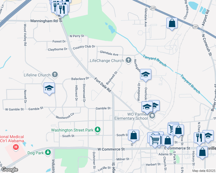 map of restaurants, bars, coffee shops, grocery stores, and more near 604 Fort Dale Road in Greenville