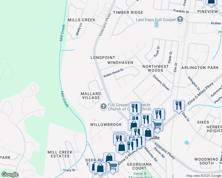 map of restaurants, bars, coffee shops, grocery stores, and more near 804 Veterans Parkway in Hinesville