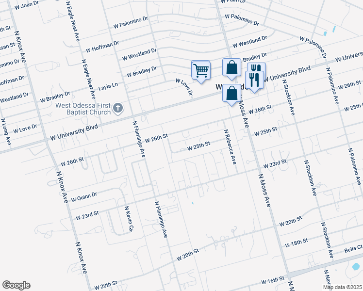 map of restaurants, bars, coffee shops, grocery stores, and more near 10686 West 25th Street in Odessa