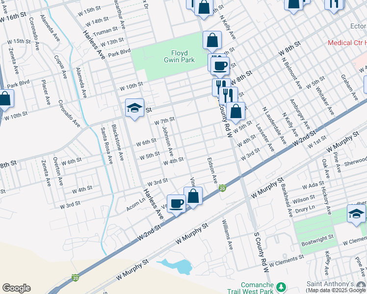 map of restaurants, bars, coffee shops, grocery stores, and more near 2201 West 5th Street in Odessa
