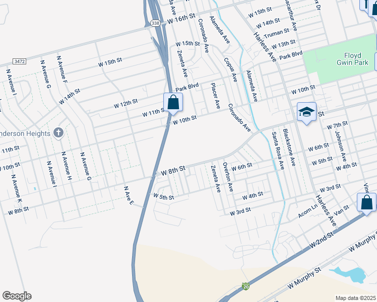 map of restaurants, bars, coffee shops, grocery stores, and more near 3250 West 8th Street in Odessa