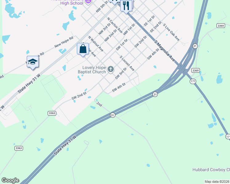 map of restaurants, bars, coffee shops, grocery stores, and more near 621 Southwest 4th Street in Hubbard