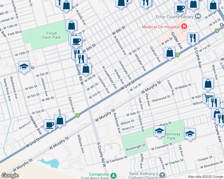 map of restaurants, bars, coffee shops, grocery stores, and more near 1622 West 2nd Street in Odessa