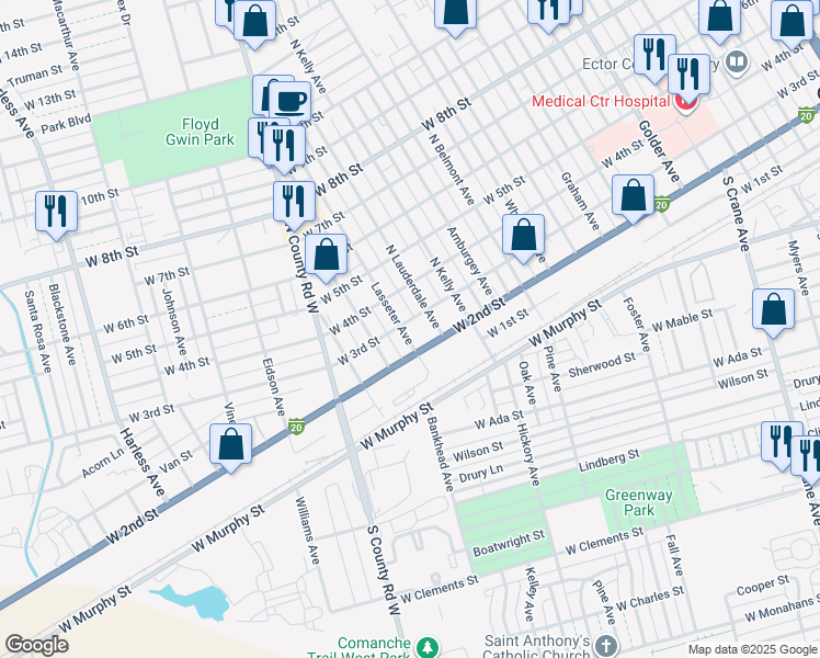 map of restaurants, bars, coffee shops, grocery stores, and more near 1622 West 2nd Street in Odessa