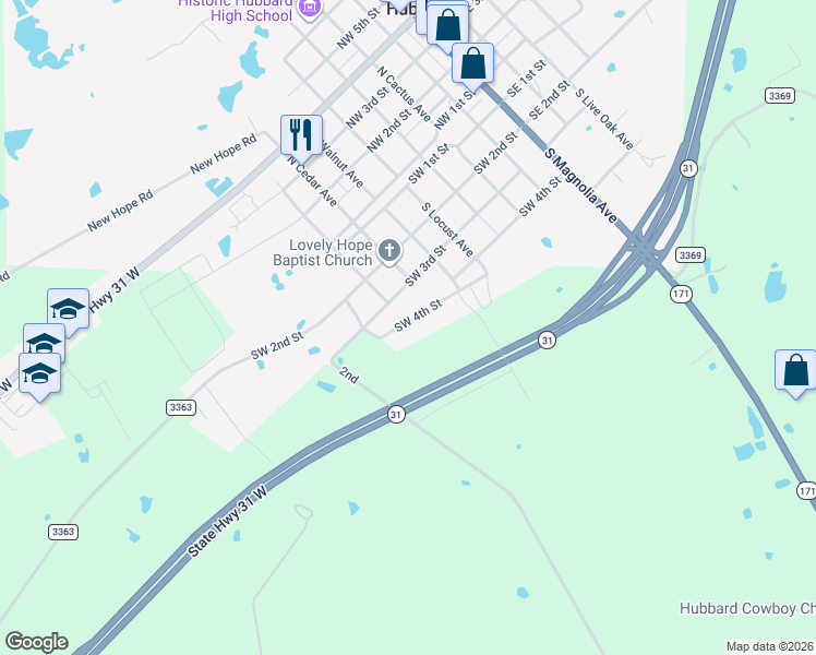 map of restaurants, bars, coffee shops, grocery stores, and more near 621 Southwest 4th Street in Hubbard
