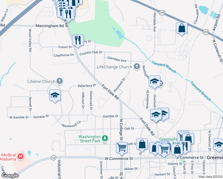 map of restaurants, bars, coffee shops, grocery stores, and more near 604 Fort Dale Road in Greenville