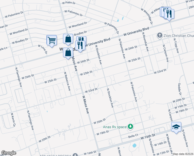 map of restaurants, bars, coffee shops, grocery stores, and more near 10125 West 25th Street in Odessa