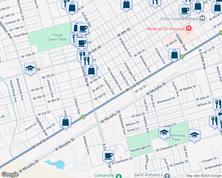 map of restaurants, bars, coffee shops, grocery stores, and more near 308 Lasseter Avenue in Odessa