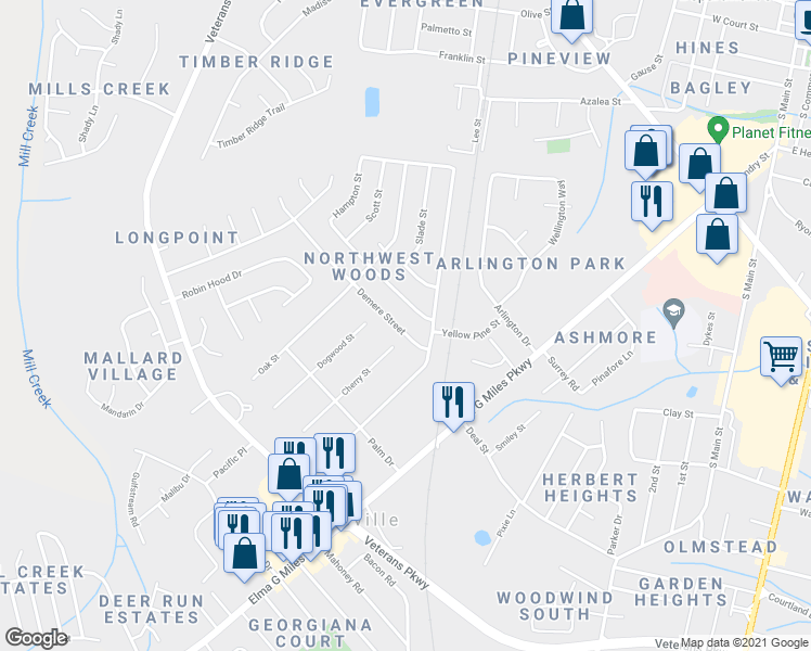 map of restaurants, bars, coffee shops, grocery stores, and more near 609 Demere Street in Hinesville