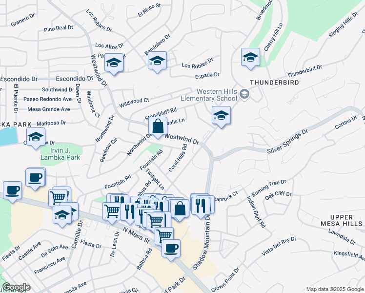 map of restaurants, bars, coffee shops, grocery stores, and more near 333 Coral Hills Road in El Paso