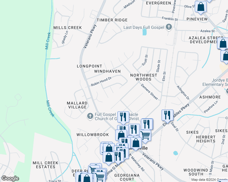 map of restaurants, bars, coffee shops, grocery stores, and more near 105 Maid Marian Court in Hinesville