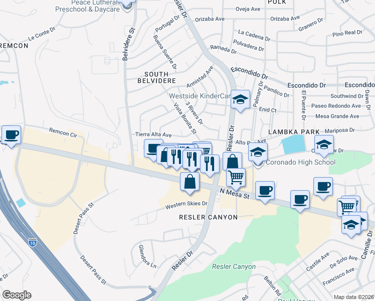 map of restaurants, bars, coffee shops, grocery stores, and more near 7108 Alto Rey Avenue in El Paso