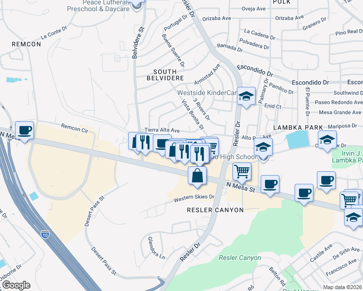 map of restaurants, bars, coffee shops, grocery stores, and more near 7201 Tierra Alta Avenue in El Paso