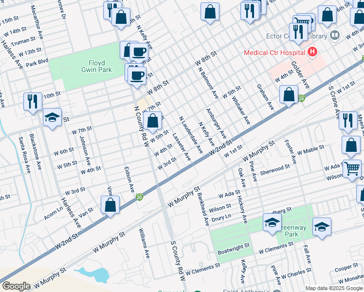 map of restaurants, bars, coffee shops, grocery stores, and more near 1650-1698 West 4th Street in Odessa