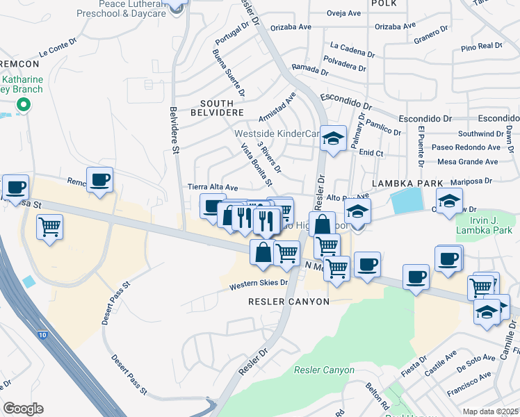 map of restaurants, bars, coffee shops, grocery stores, and more near 7108 Alto Rey Avenue in El Paso