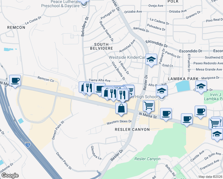 map of restaurants, bars, coffee shops, grocery stores, and more near 7201 Tierra Alta Avenue in El Paso