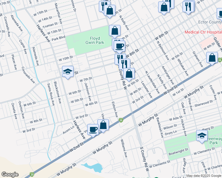 map of restaurants, bars, coffee shops, grocery stores, and more near 521 Headlee Avenue in Odessa