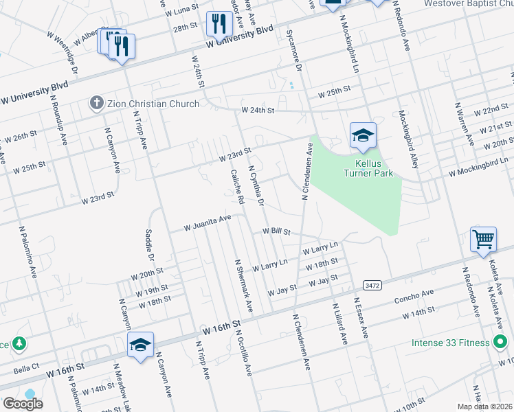 map of restaurants, bars, coffee shops, grocery stores, and more near 2103 North Cynthia Drive in Odessa