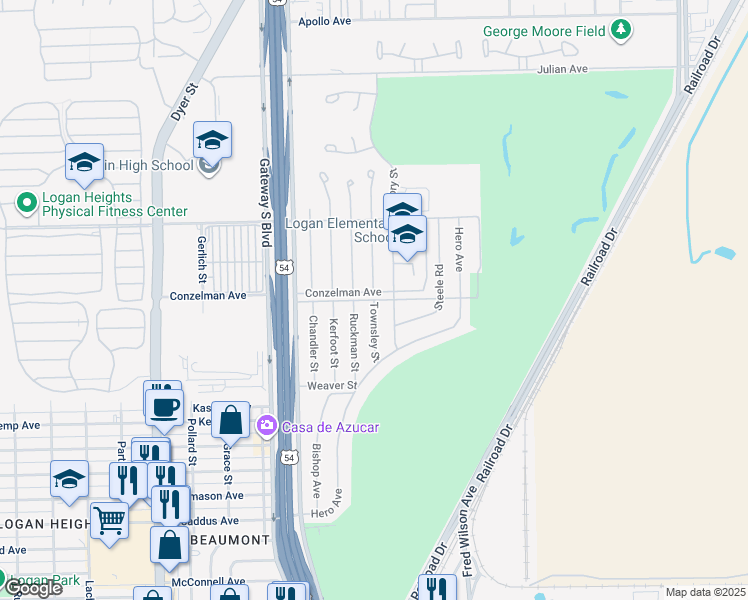 map of restaurants, bars, coffee shops, grocery stores, and more near Coe Avenue in El Paso