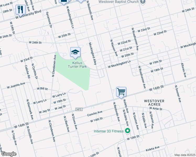 map of restaurants, bars, coffee shops, grocery stores, and more near 1933 North Mockingbird Lane in Odessa