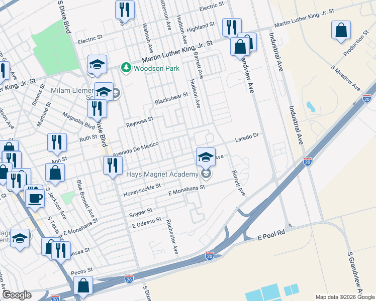 map of restaurants, bars, coffee shops, grocery stores, and more near 1106 Tom Davis Street in Odessa