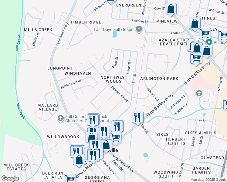 map of restaurants, bars, coffee shops, grocery stores, and more near 620 Demere Street in Hinesville