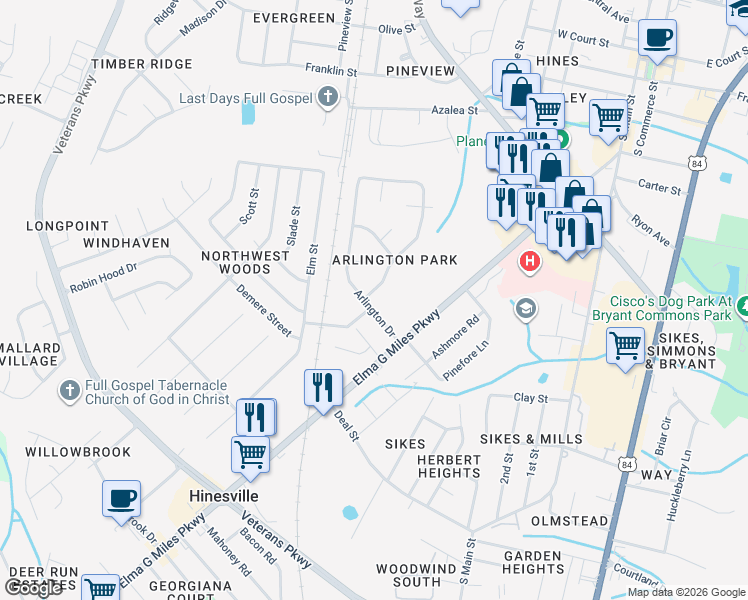 map of restaurants, bars, coffee shops, grocery stores, and more near 501 Wellington Way in Hinesville