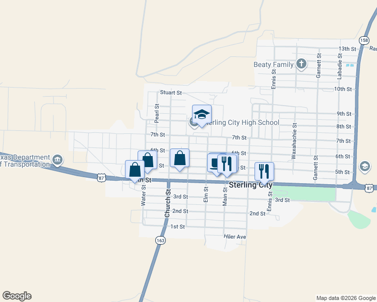 map of restaurants, bars, coffee shops, grocery stores, and more near 800 6th Street in Sterling City