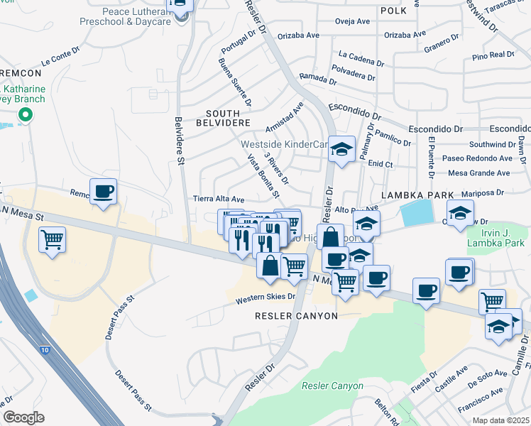 map of restaurants, bars, coffee shops, grocery stores, and more near 7116 Alto Rey Avenue in El Paso