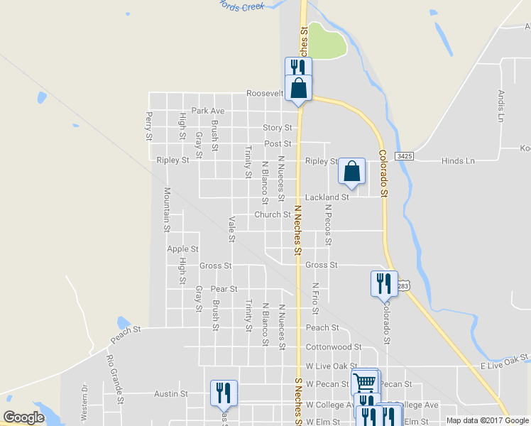 map of restaurants, bars, coffee shops, grocery stores, and more near 906 North Blanco Street in Coleman