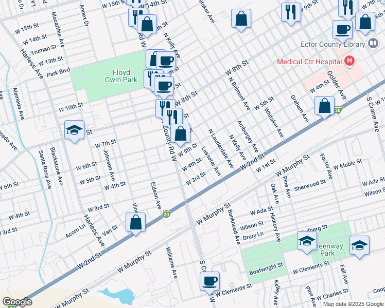 map of restaurants, bars, coffee shops, grocery stores, and more near 400 Elliott Avenue in Odessa