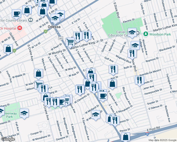 map of restaurants, bars, coffee shops, grocery stores, and more near 116 East Ada Street in Odessa