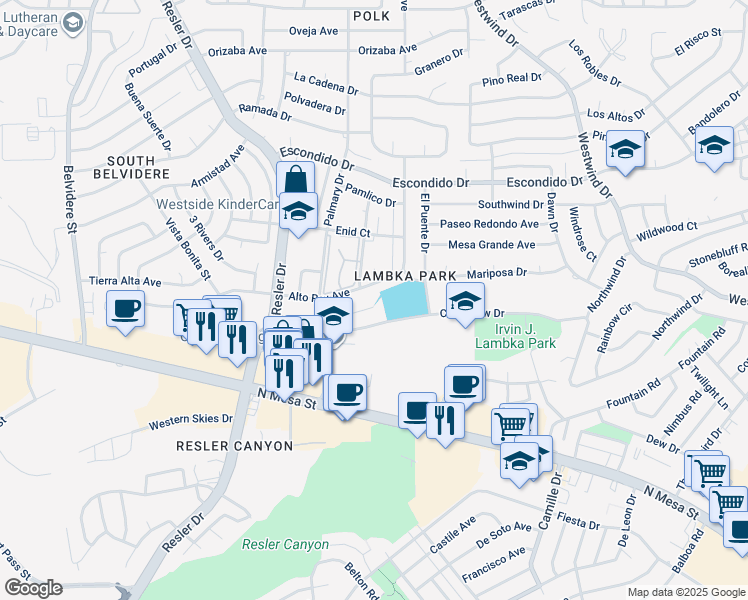 map of restaurants, bars, coffee shops, grocery stores, and more near 6805 Canyon View Lane in El Paso