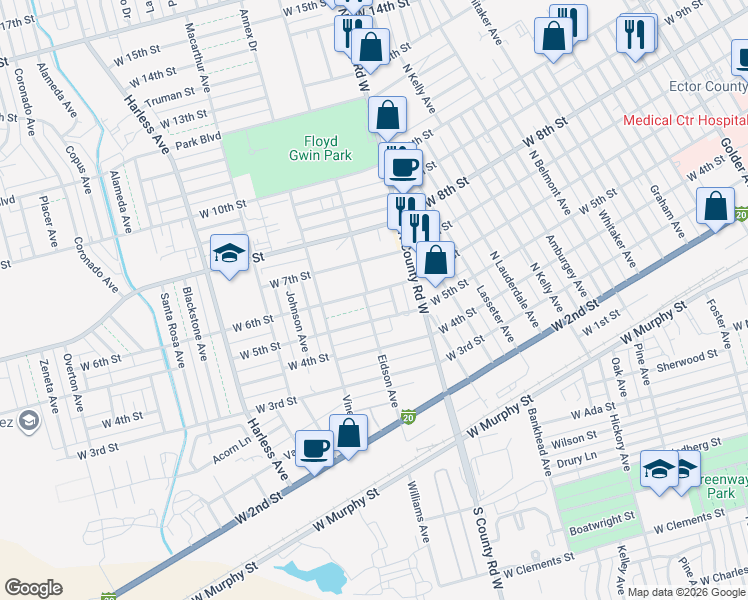 map of restaurants, bars, coffee shops, grocery stores, and more near 521 Headlee Avenue in Odessa