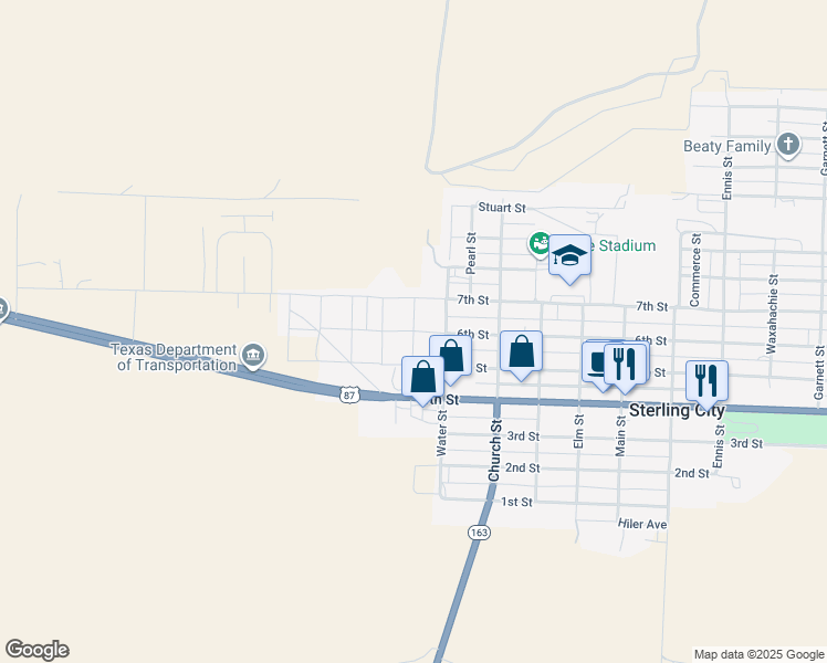 map of restaurants, bars, coffee shops, grocery stores, and more near 600 Colorado Street in Sterling City