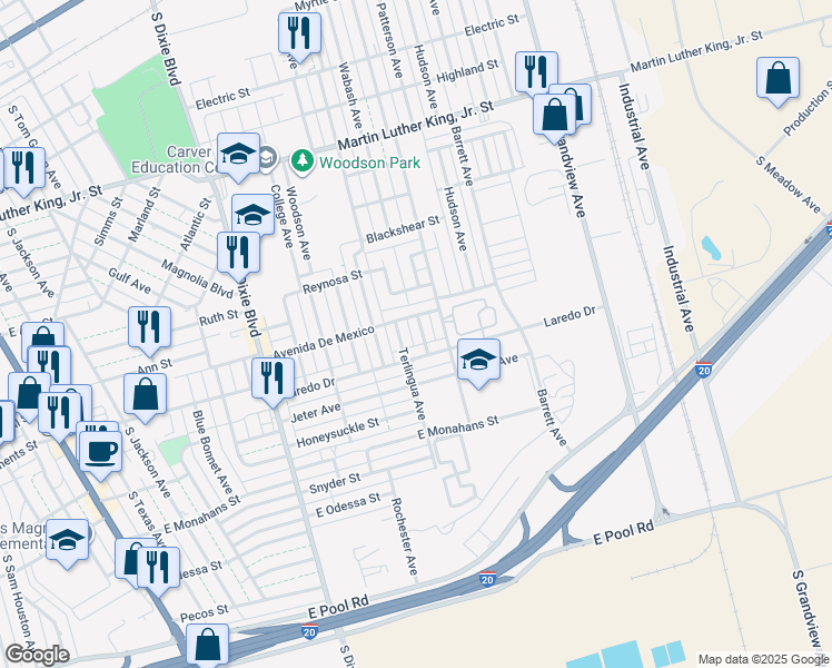 map of restaurants, bars, coffee shops, grocery stores, and more near 1106 Tom Davis Street in Odessa