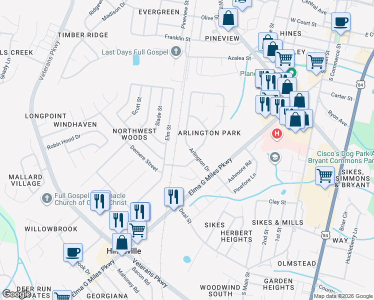 map of restaurants, bars, coffee shops, grocery stores, and more near 414 Arlington Drive in Hinesville