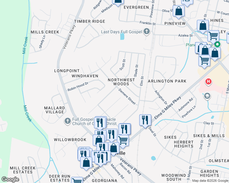 map of restaurants, bars, coffee shops, grocery stores, and more near 29 Oak Street in Hinesville
