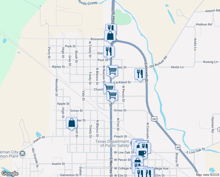 map of restaurants, bars, coffee shops, grocery stores, and more near 915 North Neches Street in Coleman