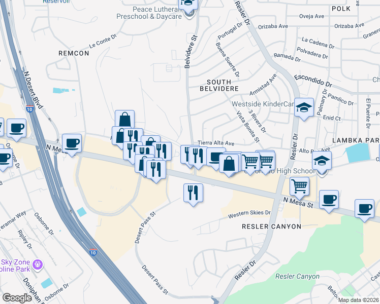 map of restaurants, bars, coffee shops, grocery stores, and more near 147 Belvidere Street in El Paso