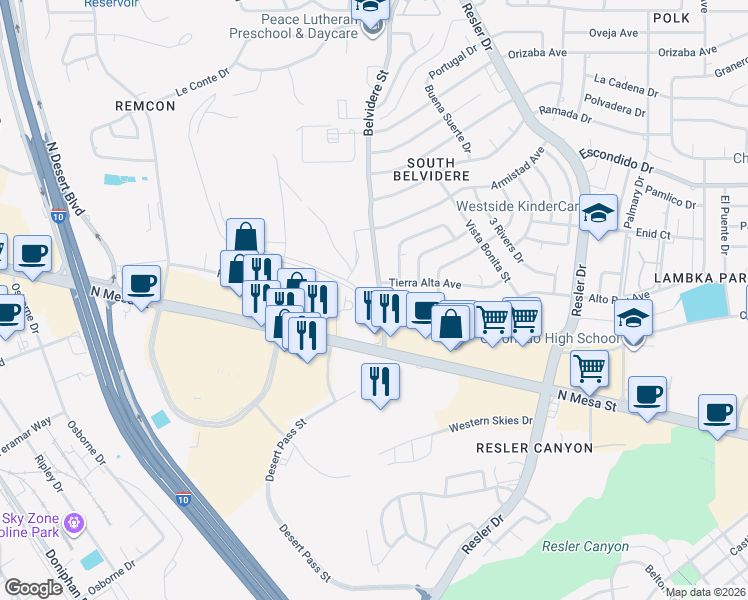 map of restaurants, bars, coffee shops, grocery stores, and more near 147 Belvidere Street in El Paso
