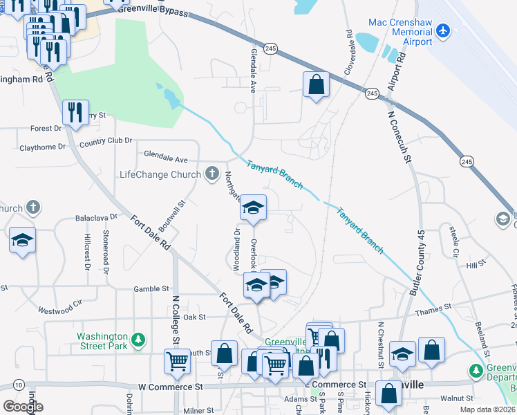 map of restaurants, bars, coffee shops, grocery stores, and more near 301-399 Overlook Rd in Greenville