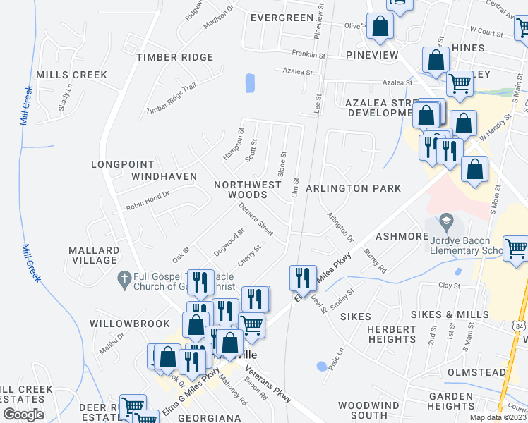 map of restaurants, bars, coffee shops, grocery stores, and more near 612 Trevor Street in Hinesville