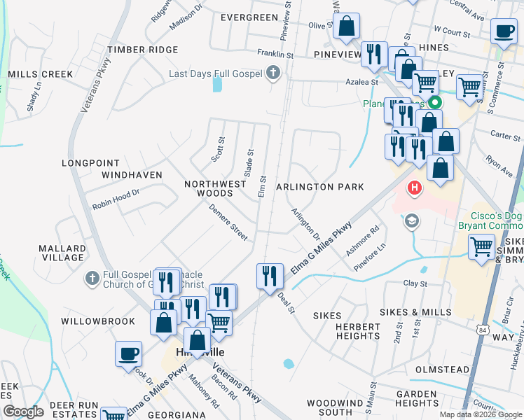 map of restaurants, bars, coffee shops, grocery stores, and more near 458 Elm Street in Hinesville