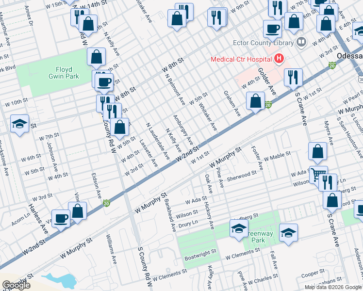 map of restaurants, bars, coffee shops, grocery stores, and more near 1435 West 3rd Street in Odessa
