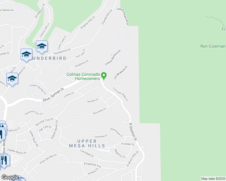 map of restaurants, bars, coffee shops, grocery stores, and more near 5844 Coronado Ridge Drive in El Paso