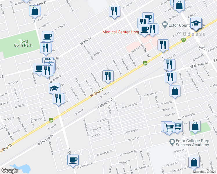 map of restaurants, bars, coffee shops, grocery stores, and more near 1301A West 2nd Street in Odessa