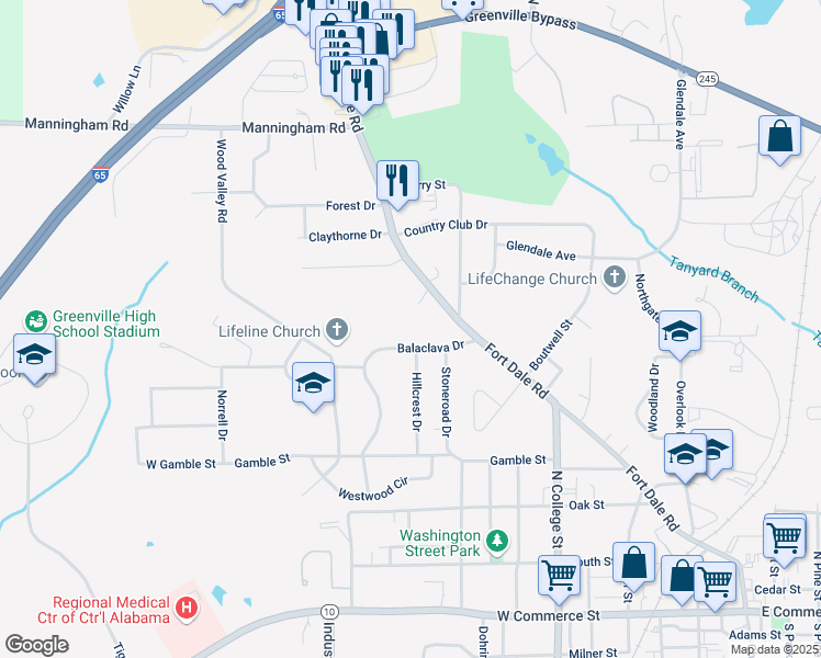 map of restaurants, bars, coffee shops, grocery stores, and more near 501 Balaclava Drive in Greenville