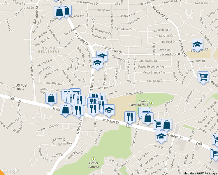 map of restaurants, bars, coffee shops, grocery stores, and more near 6941 Alto Rey Avenue in El Paso